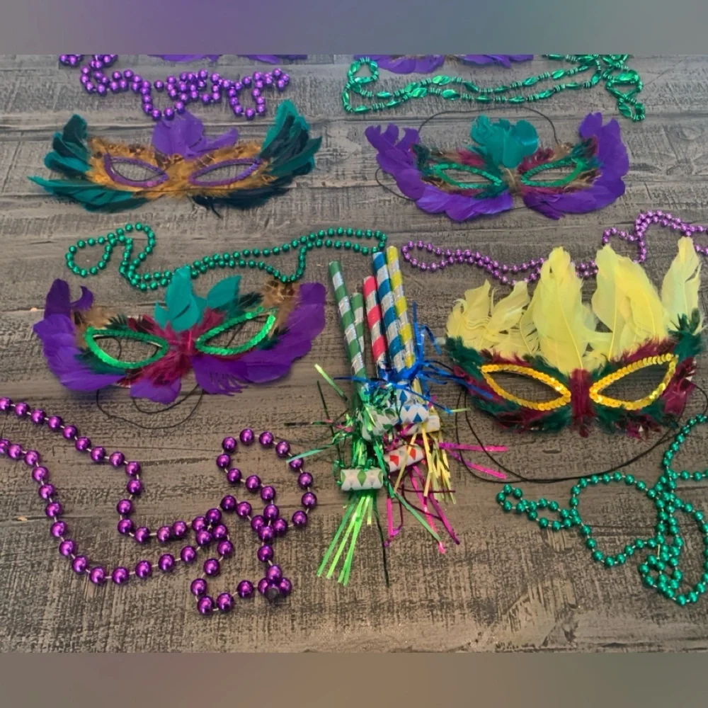 Mardi Gras Masks 6 Feather Sequin Elastic Band, 6 Bead Necklaces, Masquerade EUC